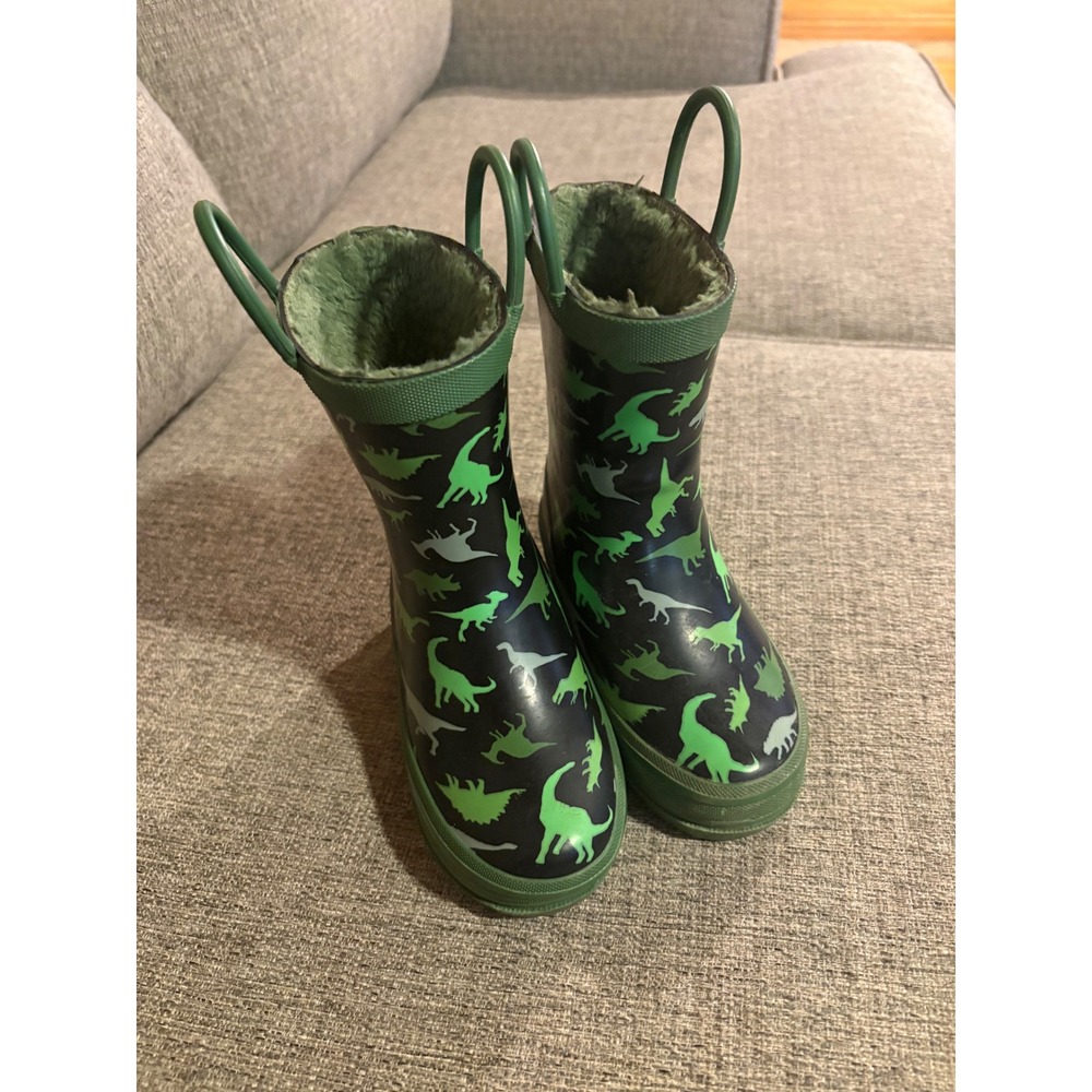 Lily & Dan Dinosaur Rain Boots Green Navy Faux Fur Lined Toddler Size 7/8
